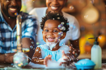 Parents demonstrating proper handwashing technique, child scrubbing with soap, smiles, and bubbles everywhere
