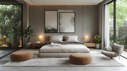 Modern bedroom with a king-size bed, two ottomans, a large rug, two bedside tables, and two lamps. There are also two plants in the room. The room has a large window that looks out onto a patio.