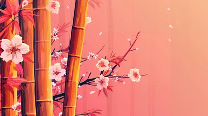 Stunning Bamboo and Vibrant Cherry Blossoms in Flat Design – Perfect for Nature Art, Bold Decor, Elegant Illustrations, and Lively, Colorful Eco-Friendly Themes