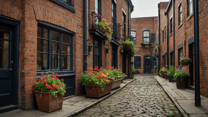 Fototapeta premium Historic city alley with old brick buildings and hanging flower baskets