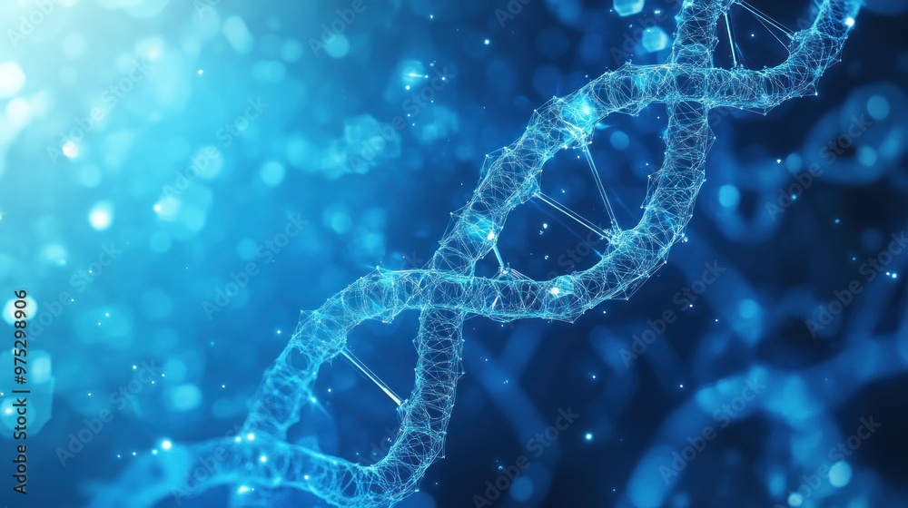 Sticker abstract dna strand rendered in a futuristic style with glowing blue lines and bokeh effect.
