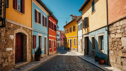 Historic European village with narrow streets and colorful houses