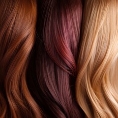 Fototapeta premium Macro shot of three different colored strands of hair - auburn, burgundy, and blonde.