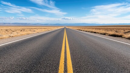 straight flat road cutting through the vast empty expanse of the Great Plains, with nothing but sky and land in sight
