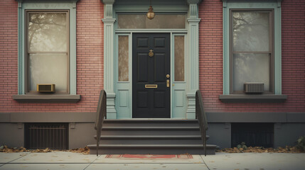 Vintage brick house exterior black front door blue trim stoop stairs residential facade urban architecture autumn leaves copy space background entry steps New York classic home 