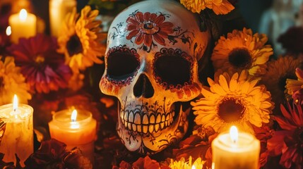 A sugar skull with floral decorations surrounded by candles and flowers.