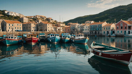 Fototapeta premium Quiet fishing harbor with traditional boats moored in calm waters