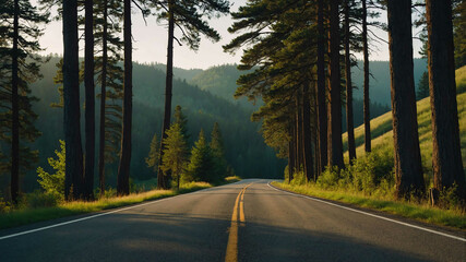 Naklejka premium Quiet country road lined with tall trees and rolling hills