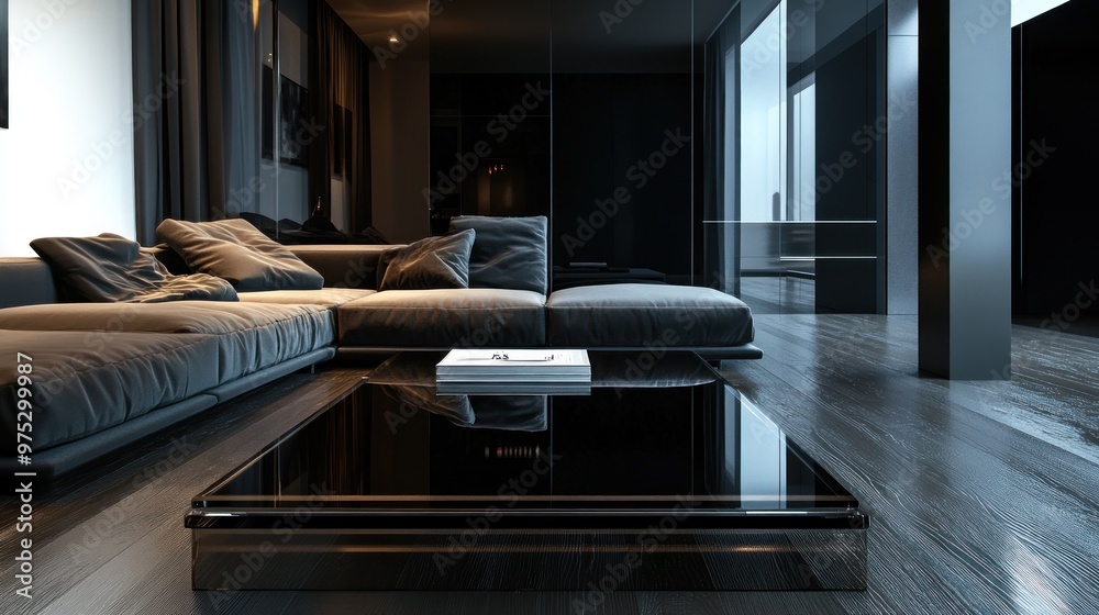 Wall mural modern living room with a black sectional sofa and a glass coffee table.