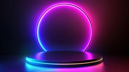 Obraz premium Neon lit stage with circular backdrop, futuristic presentation concept