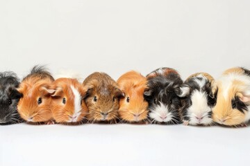 A close-up of seven fluffy guinea pigs with distinct colors resting side by side on a clean white background in studio lighting