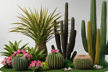 Vibrant 3D Landscape Showcasing Biodiversity with Yucca Brevifolia Opuntia Ficus-Indica and Carnegiea Gigantea Blossoms and Lush Greenery