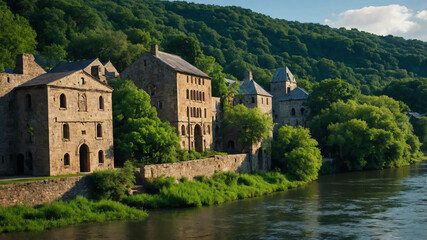 Fototapeta premium Scenic riverfront with old stone buildings and lush greenery