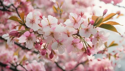 Delicate cherry blossoms framing a serene spring landscape adorned with vibrant pink and white sakura petals