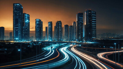 Obraz premium Smart city grid with connected streetlights and digital traffic management