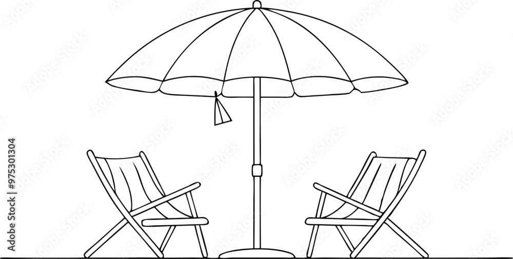 Wall mural Beach Umbrella and Chairs in Continuous Line Drawing,  vector illustration on white background.