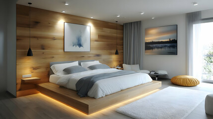 Modern bedroom with a large bed, wooden wall, and a white rug on the floor.