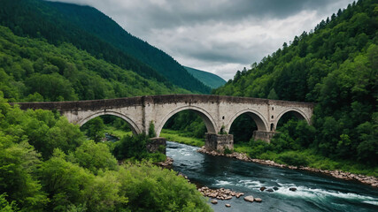 Traditional arch bridge spanning a river surrounded by green forests