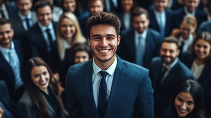 A smiling businessman in a suit stands out from a crowd of people.