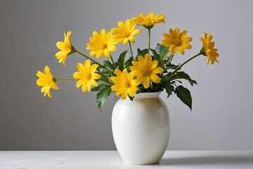 a white vase with yellow flowers in it                              © haiqiang