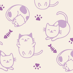 Seamless pattern with cute colorful Cats. Funny pet charactes Hand drawn vector illustration. Good for fabric, textile