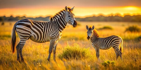 Fototapeta premium A young zebra foal gazing up at its mother in a serene grassy clearing, bathed in the warm