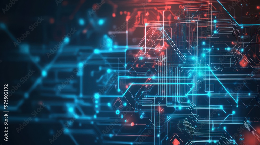 Poster abstract digital background with glowing blue and red lines and circuits.