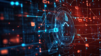 Abstract futuristic background with glowing lines and shapes, depicting a digital security concept.