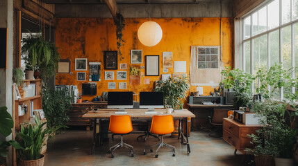 A bright orange room with a large wall of pictures and a lamp hanging from the ceiling. The room is filled with plants and has a modern, creative feel