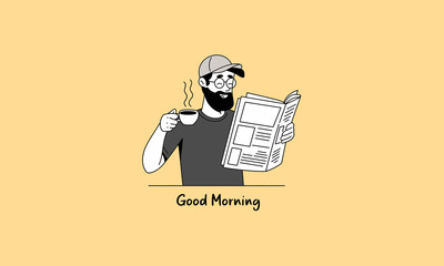 Man reading newspaper with coffee, morning routine.