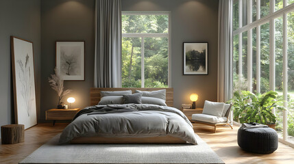 Modern bedroom with a large window, a bed, a chair, a side table, and a rug.