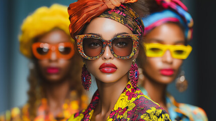 Fototapeta premium Three women wearing colorful headwraps and designer sunglasses