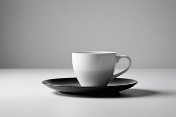 a cup and saucer on a white table                             