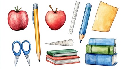 Watercolor illustration of a set of school supplies including two apples, a pencil, a ruler, a blue pencil, scissors, a protractor, and a stack of books.