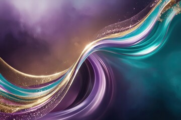 Vibrant Purple Teal and Gold Fluid Wave Motion Ethereal Background with Shimmering Overlay Design