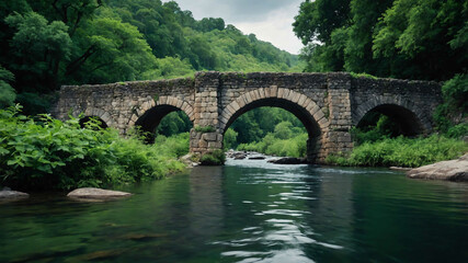 Ancient stone bridge crossing a serene river framed by lush greenery