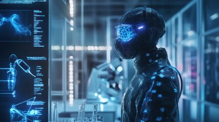 Futuristic cyborg in a laboratory setting, with advanced technology and a glowing blue interface.