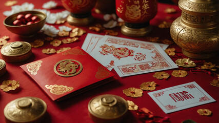 Chinese New Year red envelopes scattered across a festive table