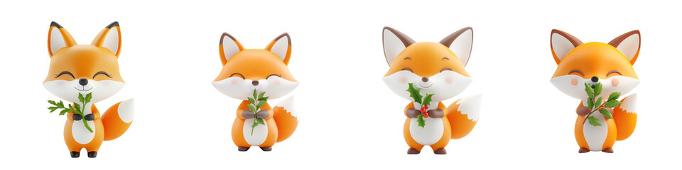 Fototapeta premium Charming cartoon foxes with cheerful expressions, holding vegetables. Perfect for playful and whimsical design projects.