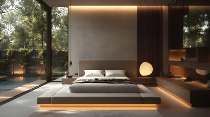 Modern bedroom with a view of a pool and garden.