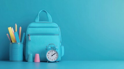 Obraz premium Blue backpack, pencils, alarm clock, and pink eraser on blue background.