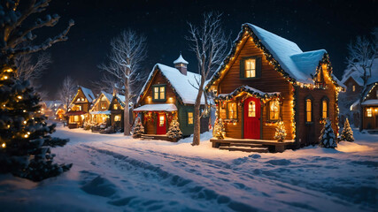 Christmas village with tiny houses and snowy streets illuminated by lights