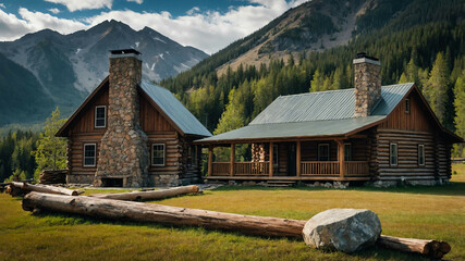 Classic log cabin with a stone chimney and wooden porch in the mountains