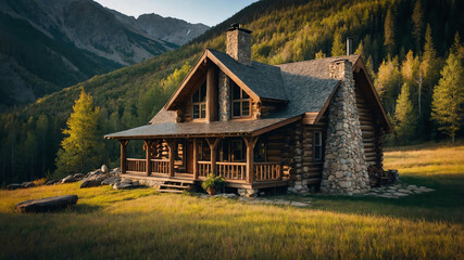Obraz premium Classic log cabin with a stone chimney and wooden porch in the mountains