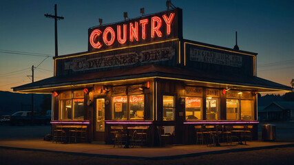 Obraz premium Country diner with a charming wooden facade and a classic neon sign