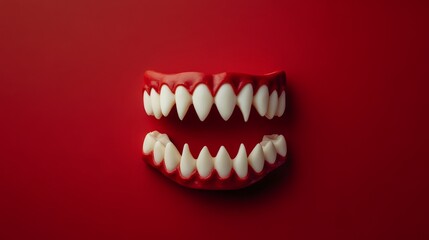 Obraz premium Vampire white teeth on the dark red background. Flat lay. Scary halloween teeth. Made with clay.