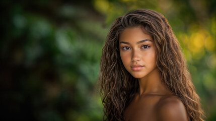 Naklejka premium A young woman with wavy hair, set against a vibrant, blurred nature background. Her soft gaze and natural beauty evoke a tropical atmosphere.