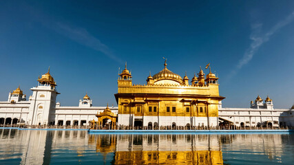 Fototapeta premium Golden temple roof gleaming under a bright blue sky