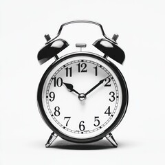 Black alarm clock with silver hands on a white background.