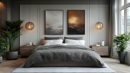 Modern bedroom with gray walls, wooden floor, two lamps, two paintings, a bed with brown bedding, white pillows and two plants.